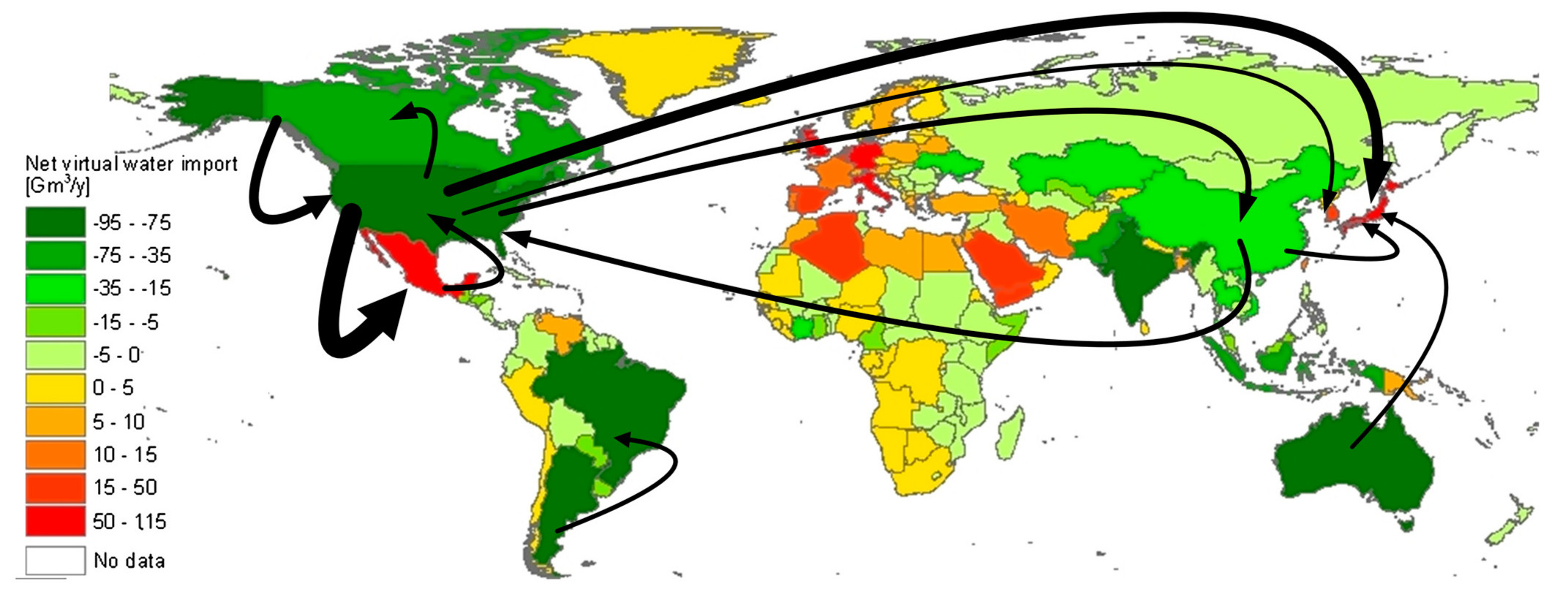 Mapa global del balance de agua virtual y flujos entre países